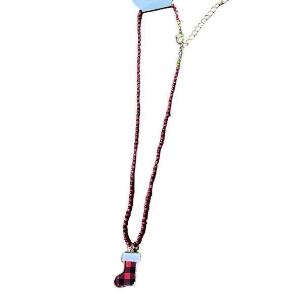 NWT Jolli Molli Women's Christmas Stocking Pendant Necklace‎ Red/Black Plaid - Picture 1 of 4